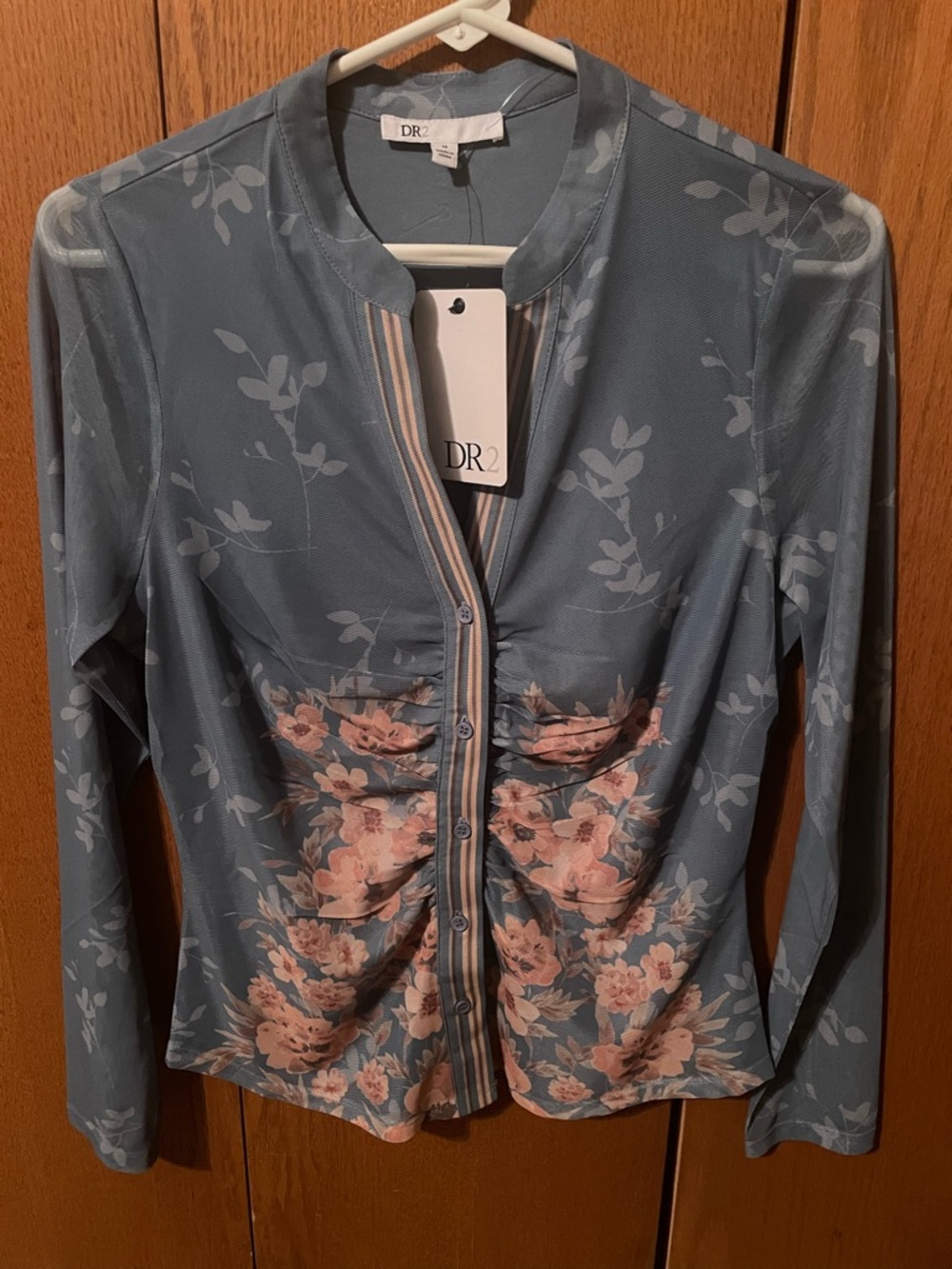 DR2 Dusty Blue Floral Button-Front Top with Pink-Striped Placket